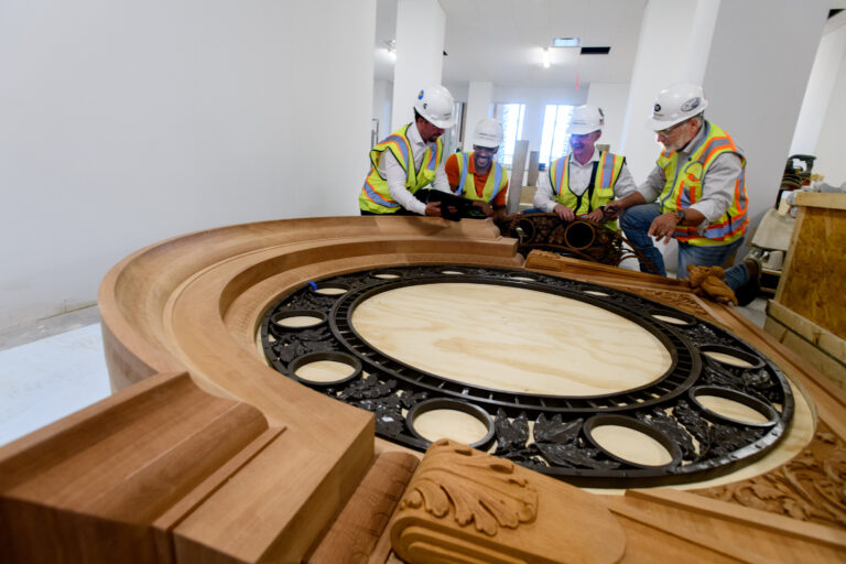 Construction team restoring the Michigan Central Station clock